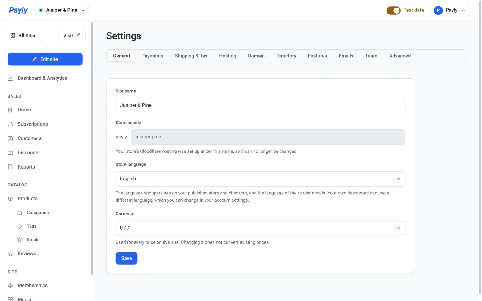 The Settings screen on the General tab, showing Site name, Store handle, Store language and Currency