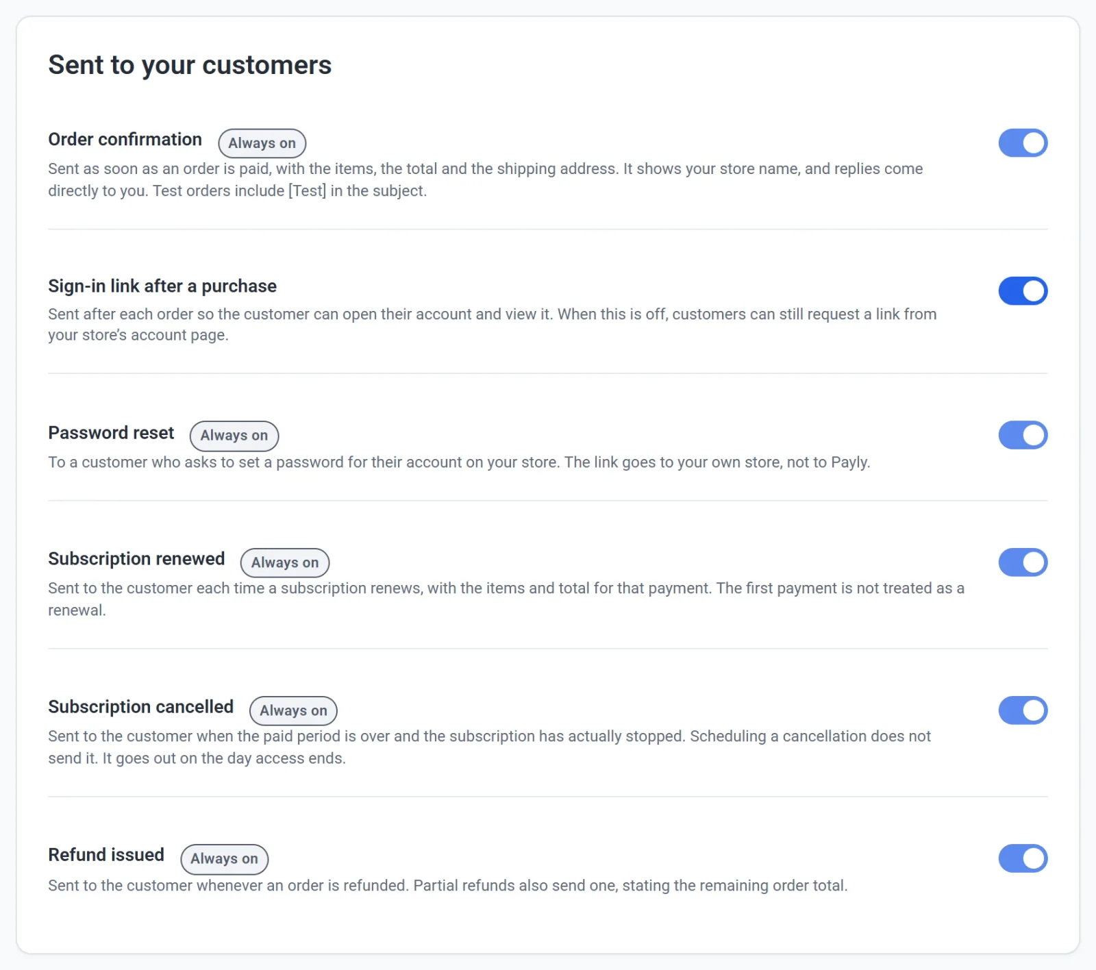 The Sent to your customers card on the Emails tab, listing order confirmation, sign-in link, password reset, subscription renewed, subscription cancelled and refund issued