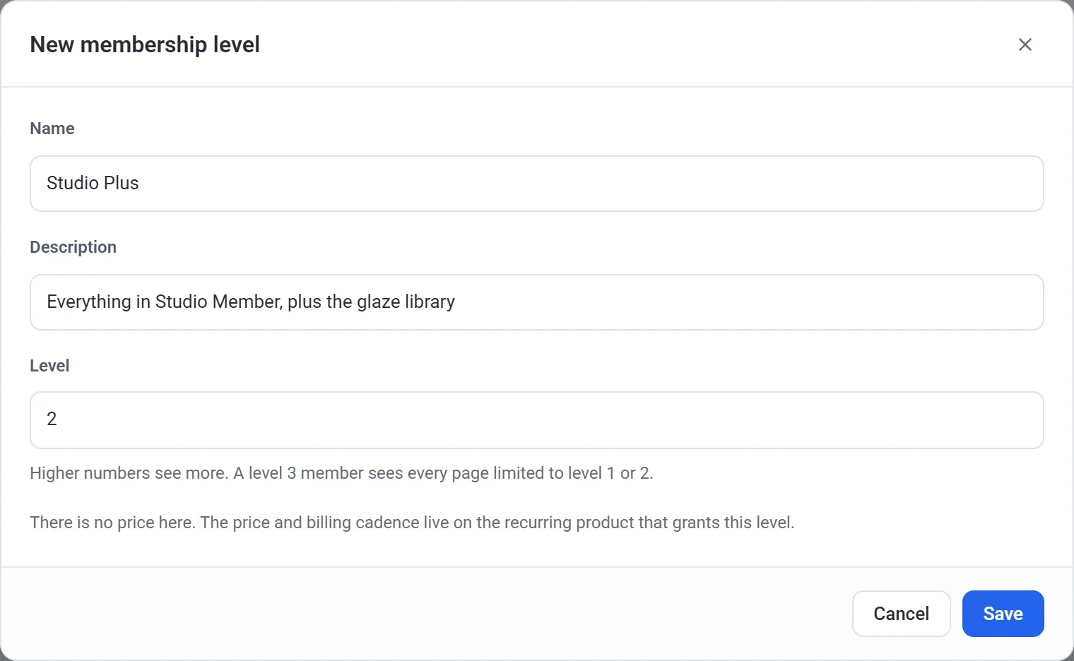 The New membership level dialog with the name Studio Plus, a description and the level number 2