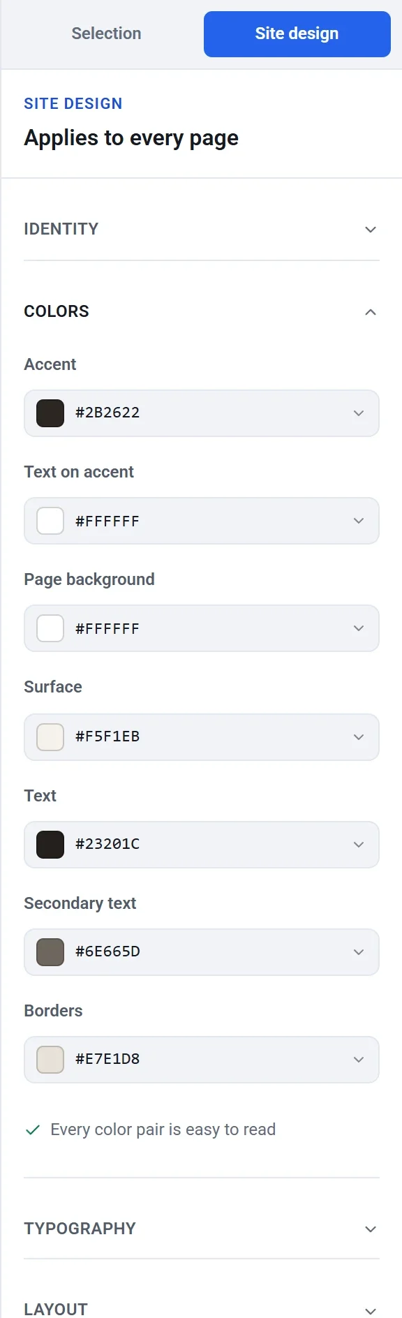 The Colors group of Site design with the Accent, Text on accent, Page background, Surface, Text, Secondary text and Borders colors, and a message that every color pair is easy to read