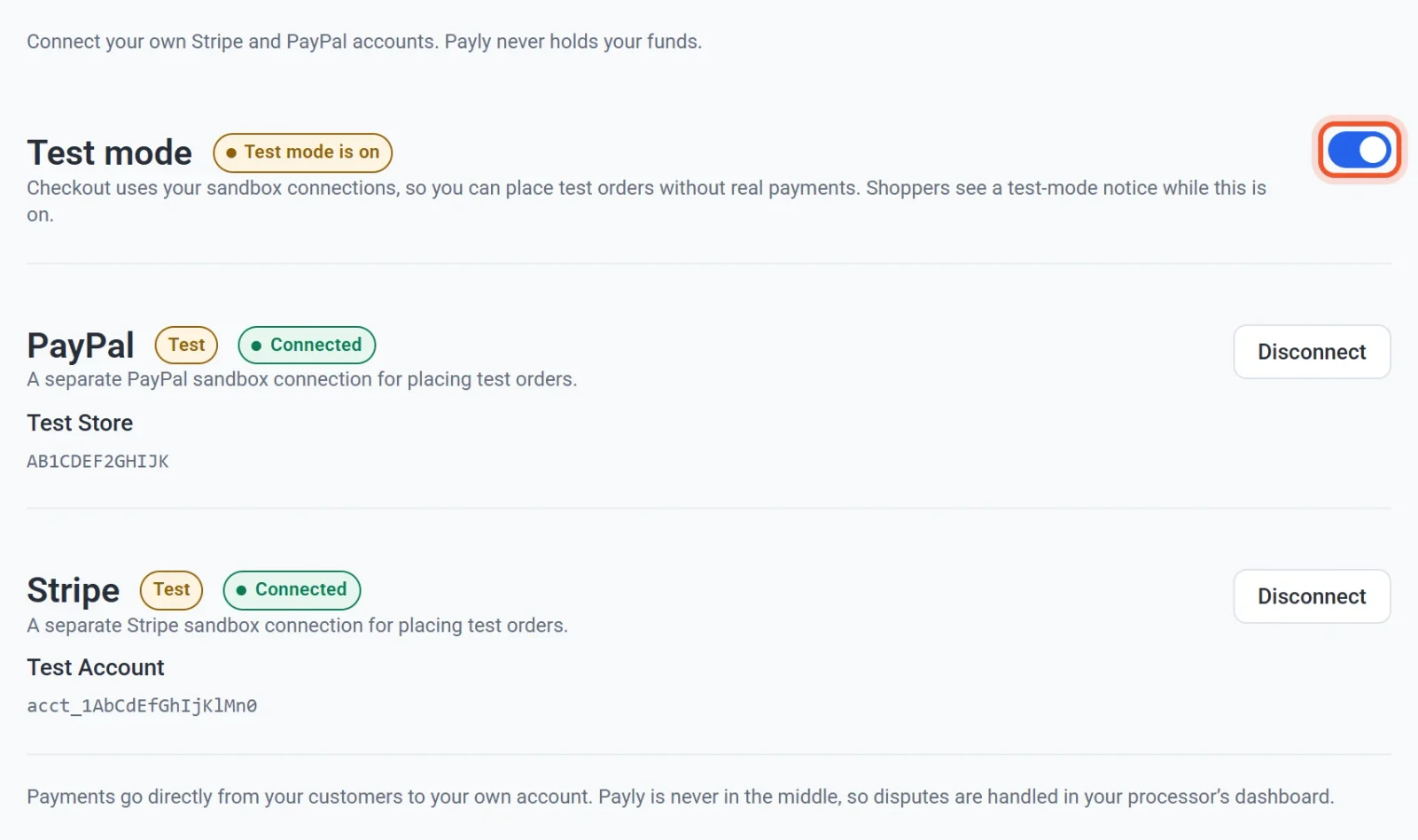 The Payments tab with the Test mode switch on, a Test mode is on label, and PayPal and Stripe cards labeled Test and Connected