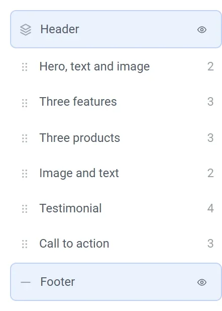 The Structure list with the Header row at the top, the page sections in the middle and the Footer row at the bottom, each with an eye icon