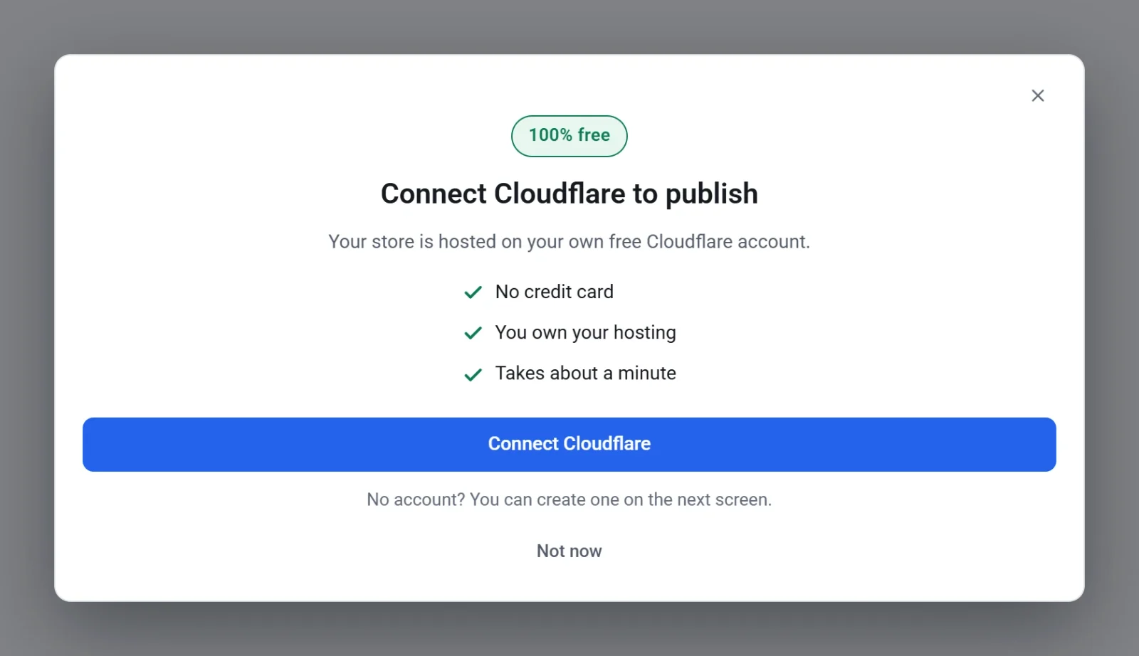 The Connect Cloudflare to publish window, with a 100% free badge, three checkmarks, the Connect Cloudflare button and a Not now link