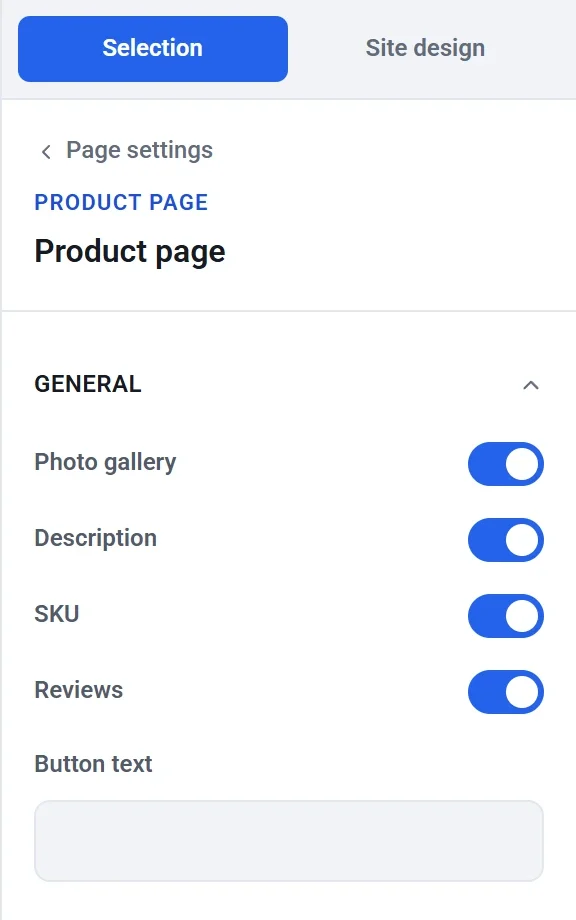 The Product page block settings in the editor, with the Reviews switch turned on