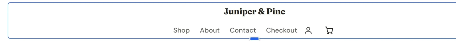 The header with the Centered layout, showing the store name above the menu links, the account icon and the cart icon