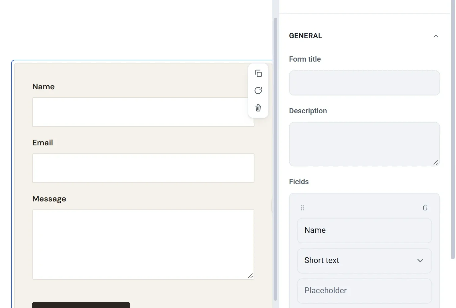 A form selected on the page, with its Form title, Description and first field shown in the settings panel