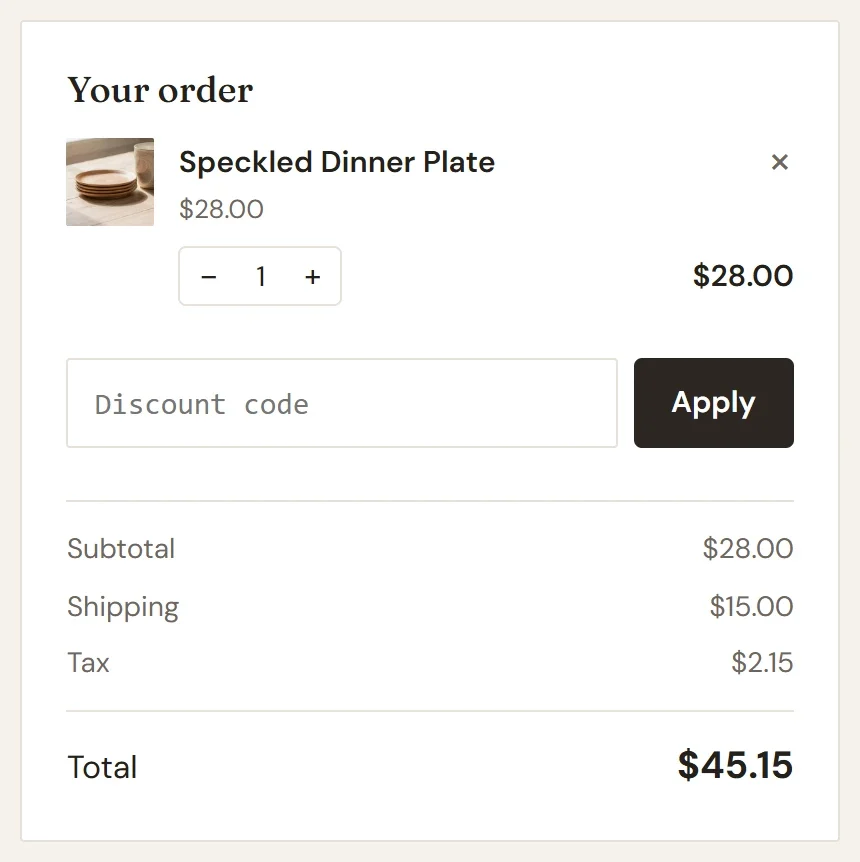 The order summary for a Canadian address, with shipping of $15.00, tax of $2.15 and a total of $45.15