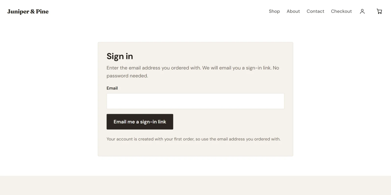 The store's Sign in page, asking for an email address and offering to email a sign-in link
