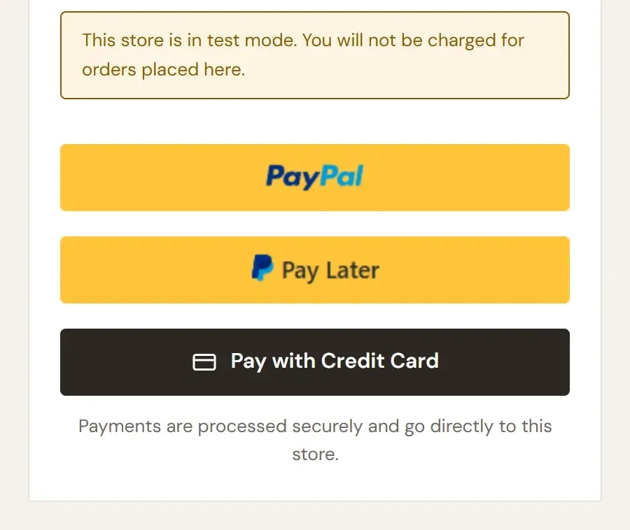 The checkout page with the test mode notice above the PayPal, Pay Later and Pay with Credit Card buttons
