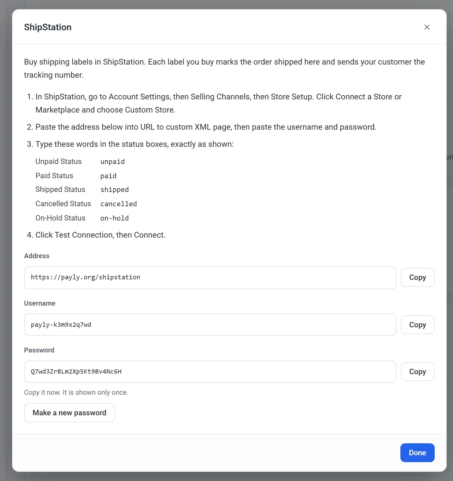 The ShipStation pop-up: the setup steps, the words to type in ShipStation's status boxes, and the address, username and password, each with a Copy button