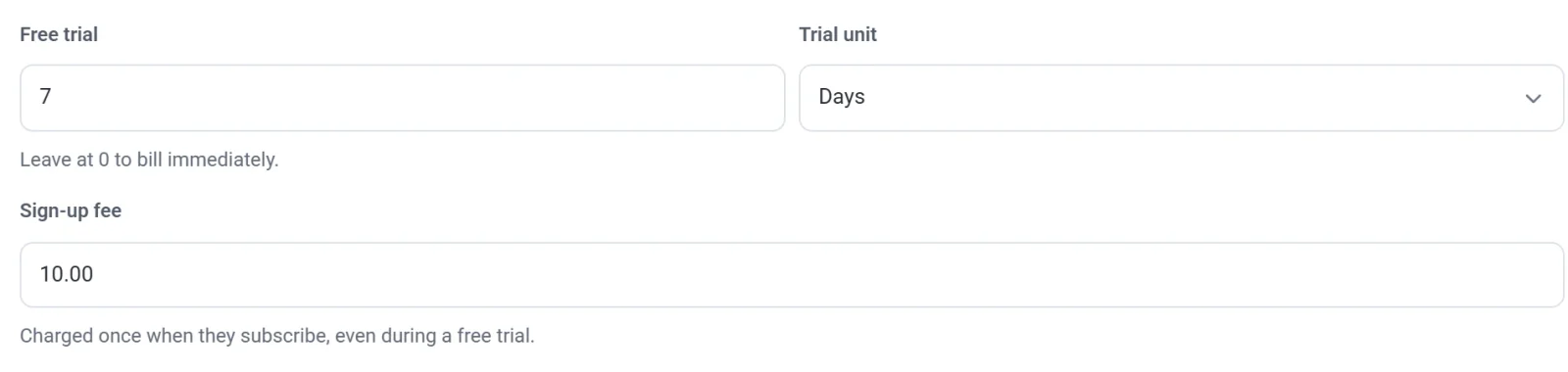The Free trial box set to 7 with the unit Days, and the Sign-up fee box set to 10.00