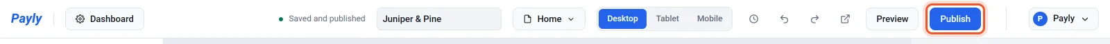 The editor's top bar, with the status Saved and published next to the site name and the Publish button highlighted