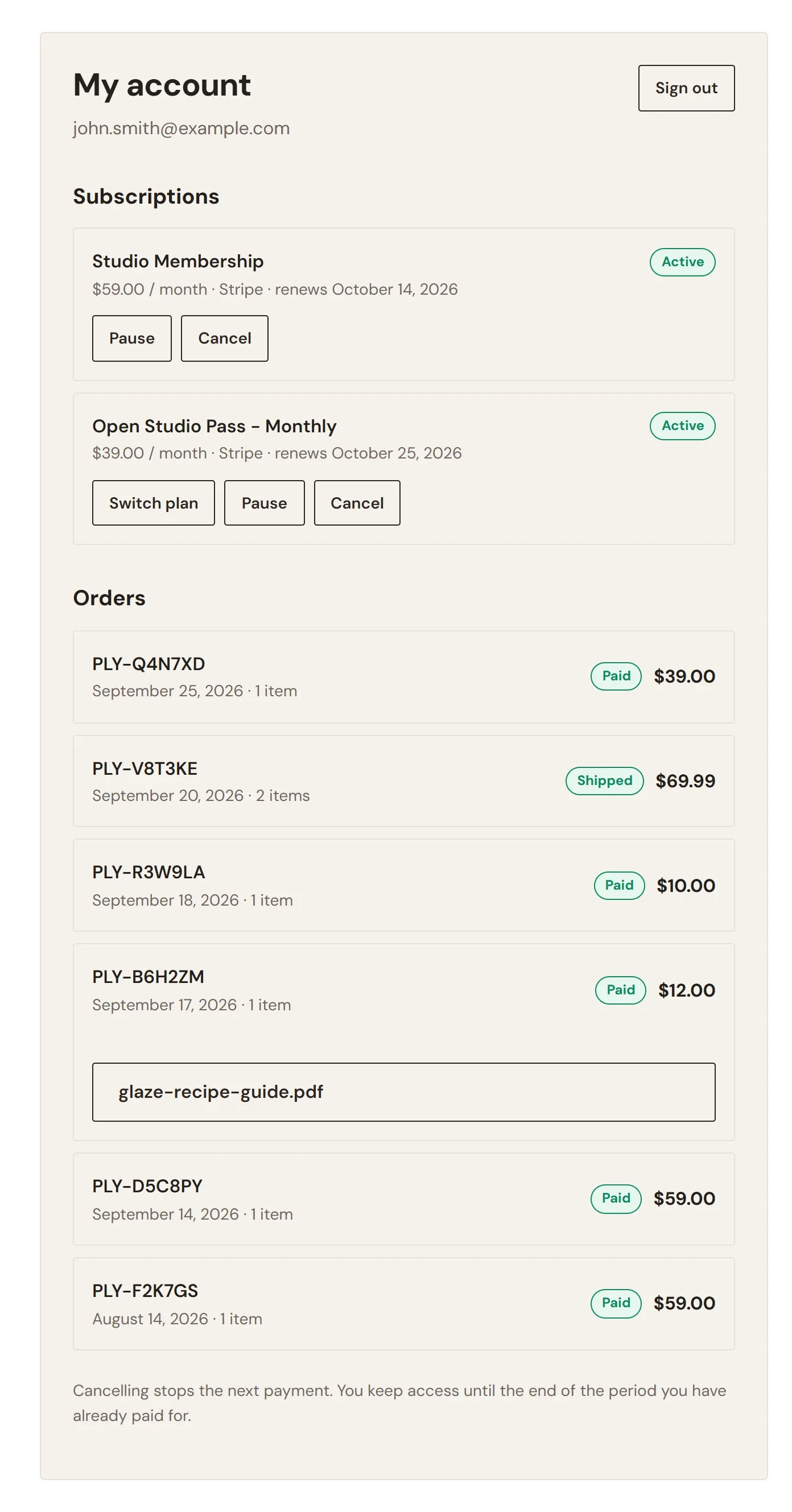 The My account page on a store, signed in as john.smith@example.com, with two subscriptions, a list of orders newest first, and a download button under the order for a PDF guide