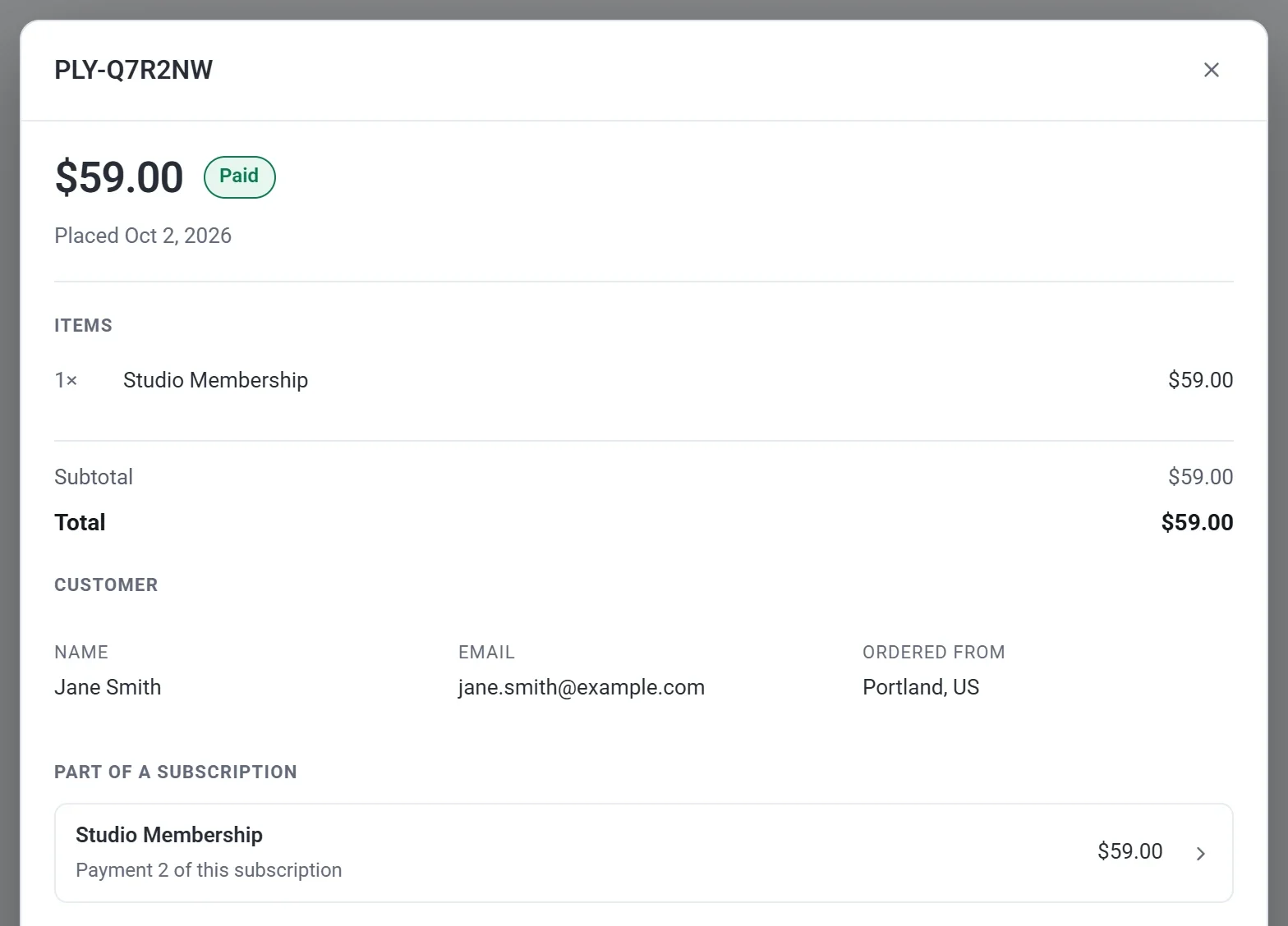 An order window for a $59.00 Studio Membership payment, with a Part of a subscription section that reads Payment 2 of this subscription