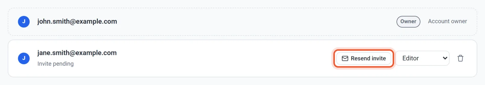 The team list with the owner and a pending invite for jane.smith@example.com, with the Resend invite button highlighted