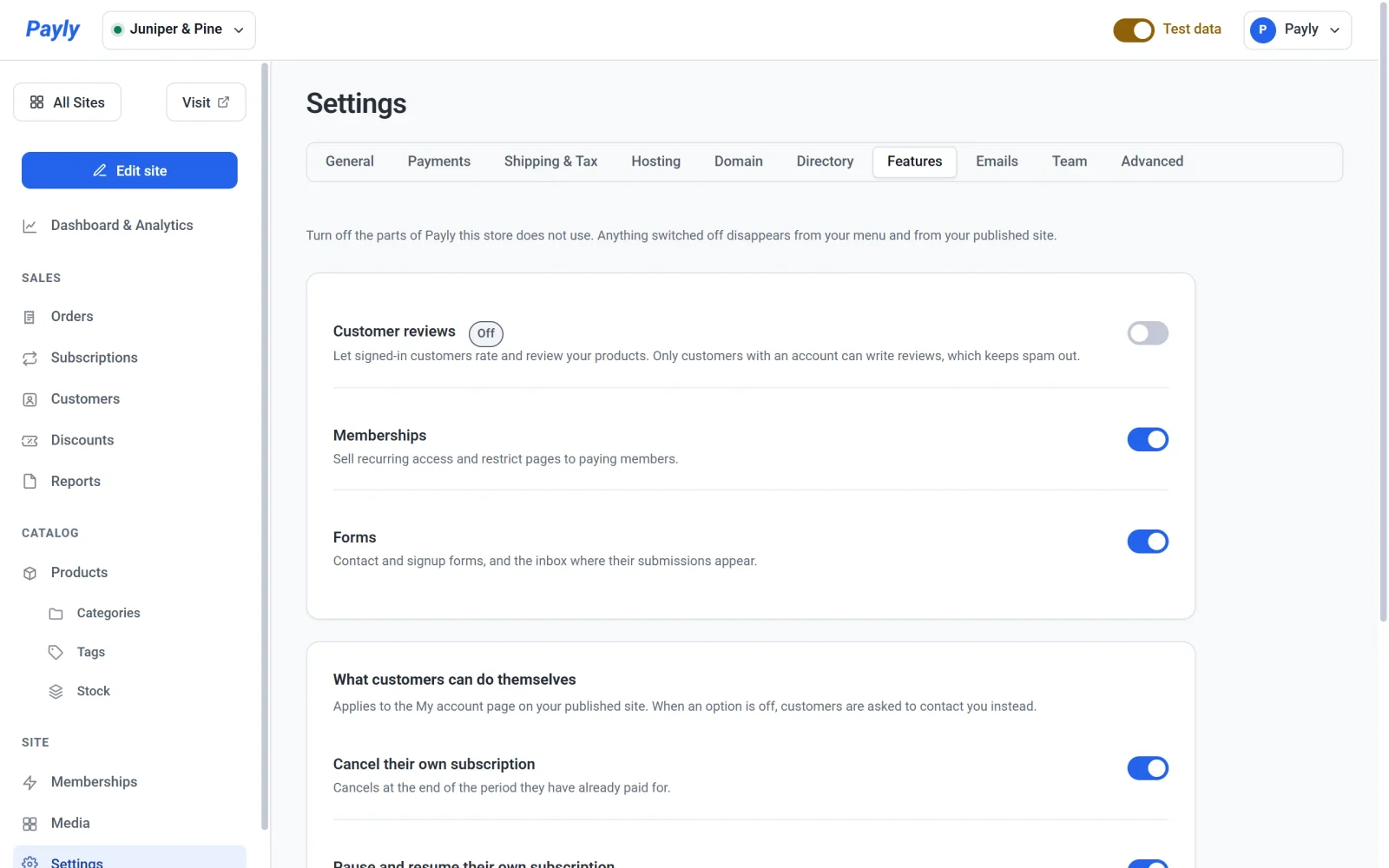The Features tab with Customer reviews switched off and marked Off, and the Reviews item gone from the menu on the left