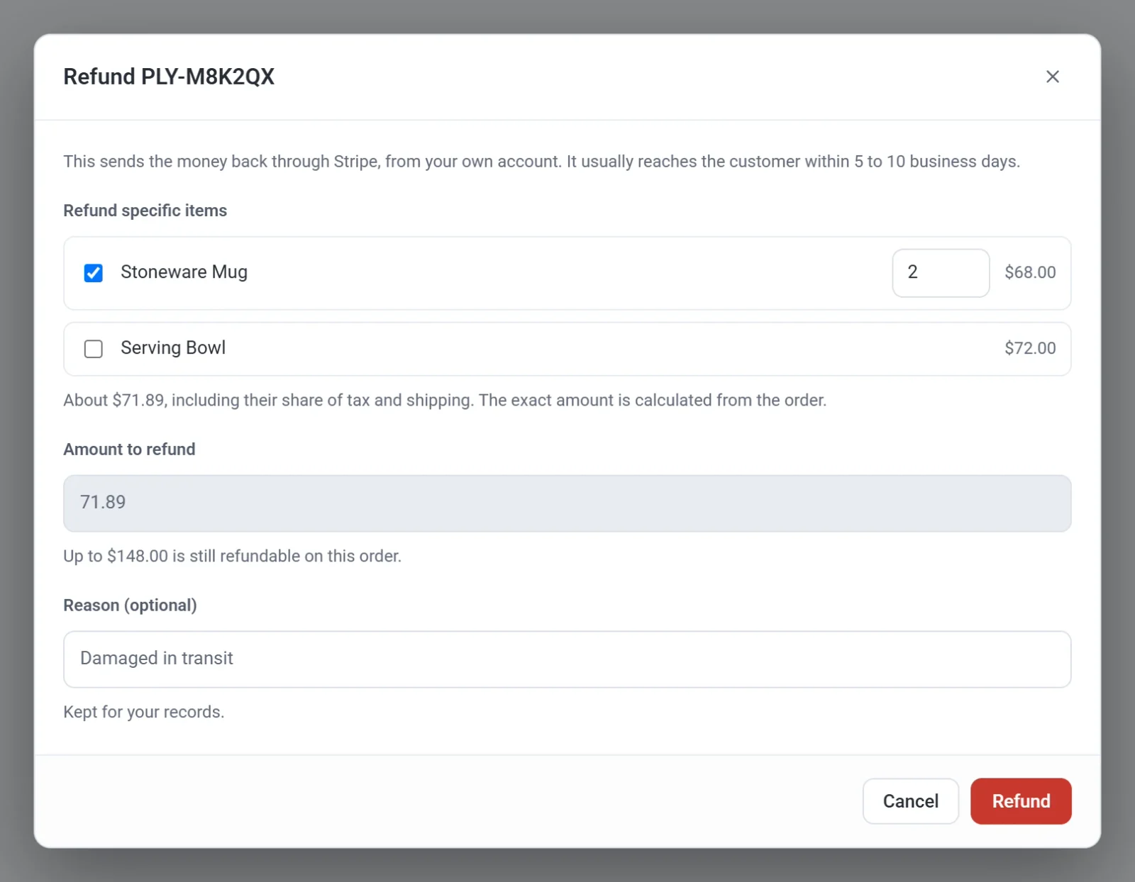 The Refund dialog with the Stoneware Mug ticked and an estimate of the amount that will be refunded