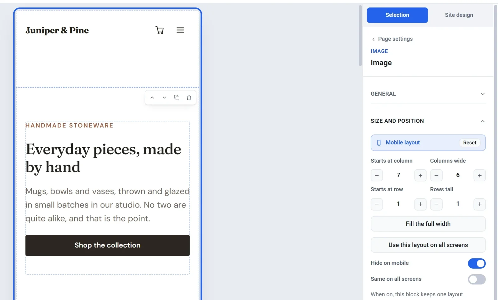 The editor in Mobile view with a photo hidden, and Hide on mobile turned on in the Size and position settings