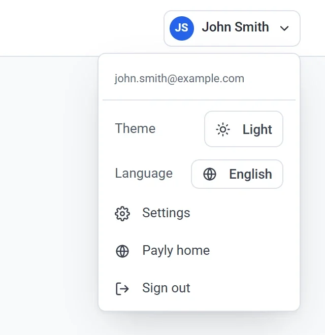 The account menu open under the name John Smith, showing the email address, Theme, Language, Settings, Payly home and Sign out