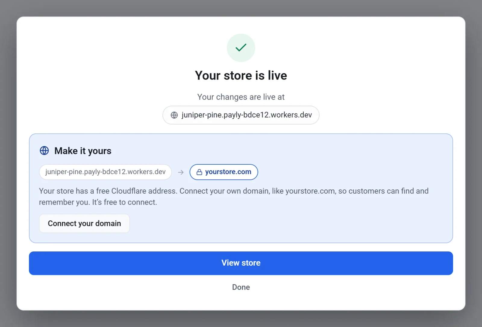The Your store is live box, with the store address, a Make it yours box with the Connect your domain button, the View store button and a Done link
