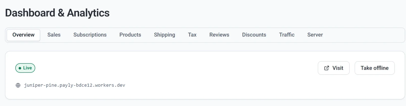 The Overview tab of a live site, with the Live badge, the store address and the Visit and Take offline buttons