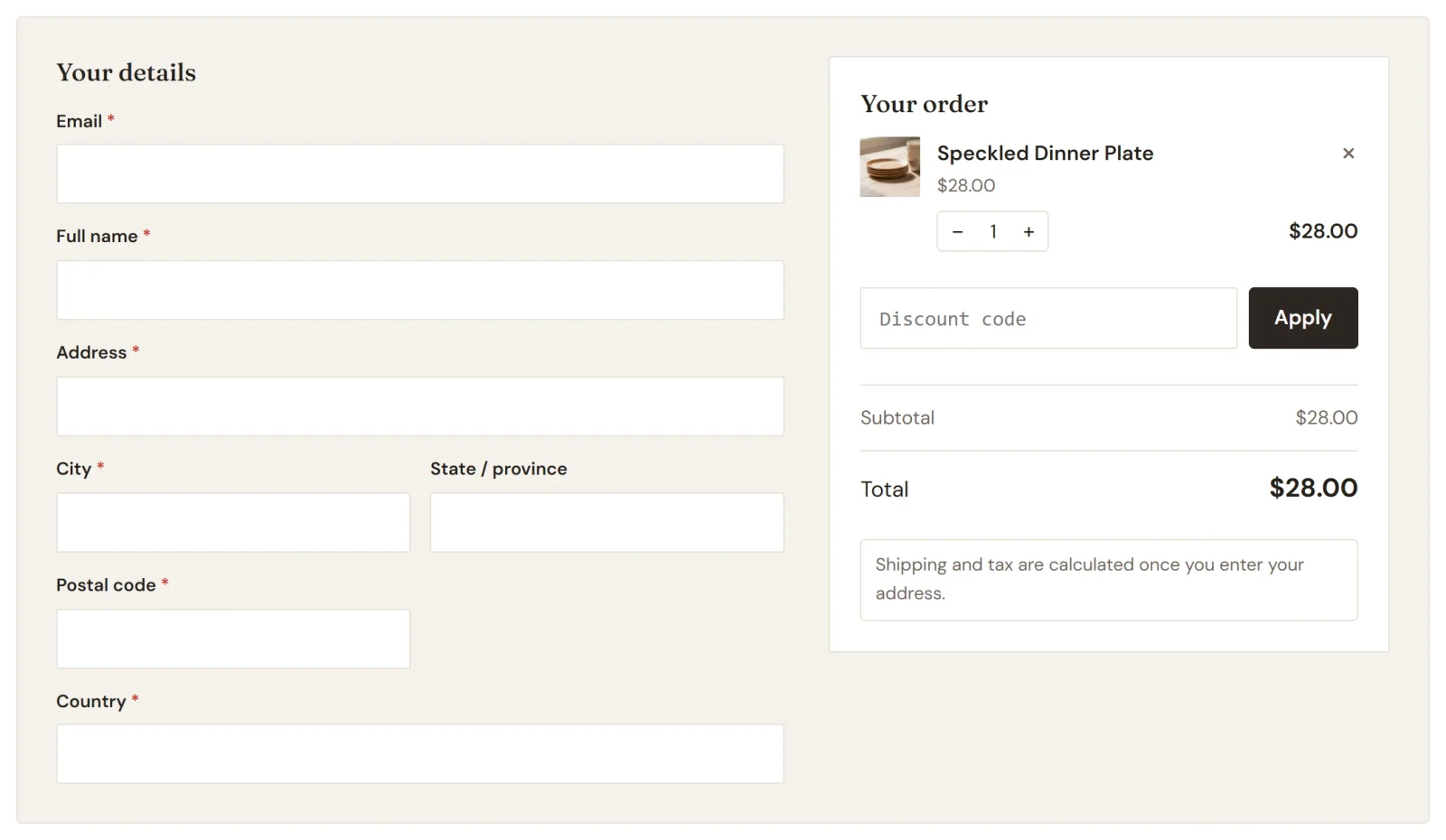 The checkout page before an address is entered, with the message that shipping and tax are calculated once you enter your address