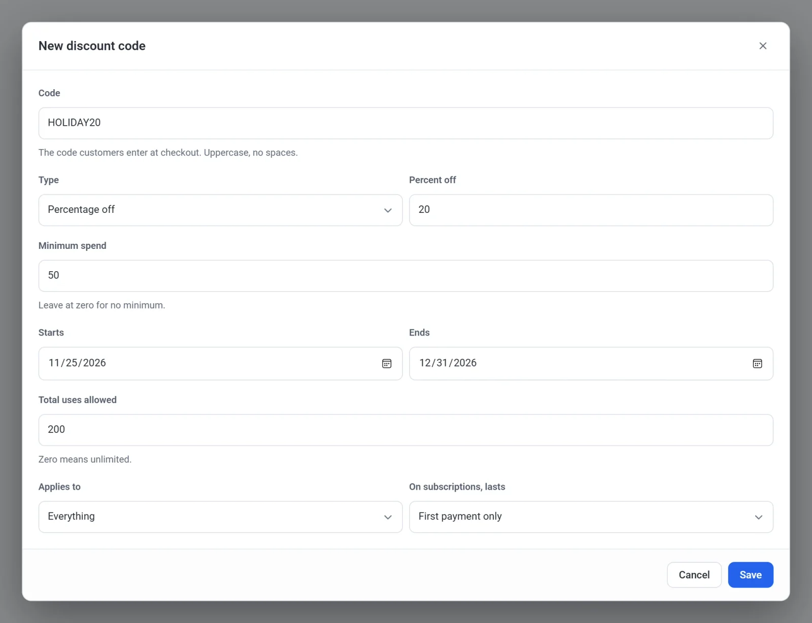 The New discount code dialog filled in with the code HOLIDAY20, 20 percent off, a minimum spend of 50, start and end dates and 200 total uses allowed