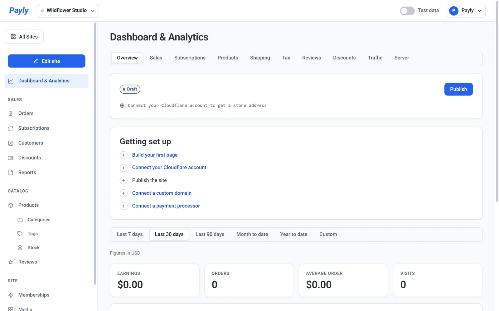 The Overview tab of a new site, with Connect your Cloudflare account in the Getting set up list