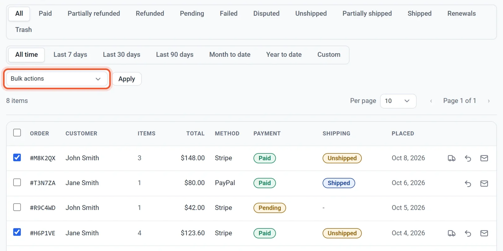 Two orders ticked in the list, with the Bulk actions menu highlighted