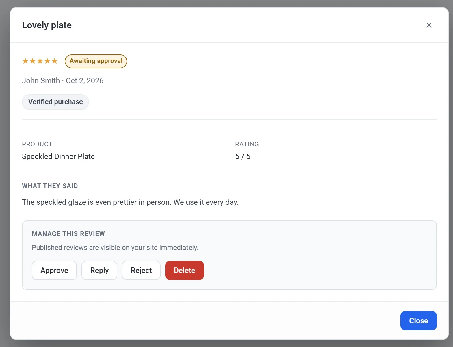 A review that is awaiting approval, opened in a window with its stars, author, product and text, and the Manage this review box with the Approve, Reply, Reject and Delete buttons