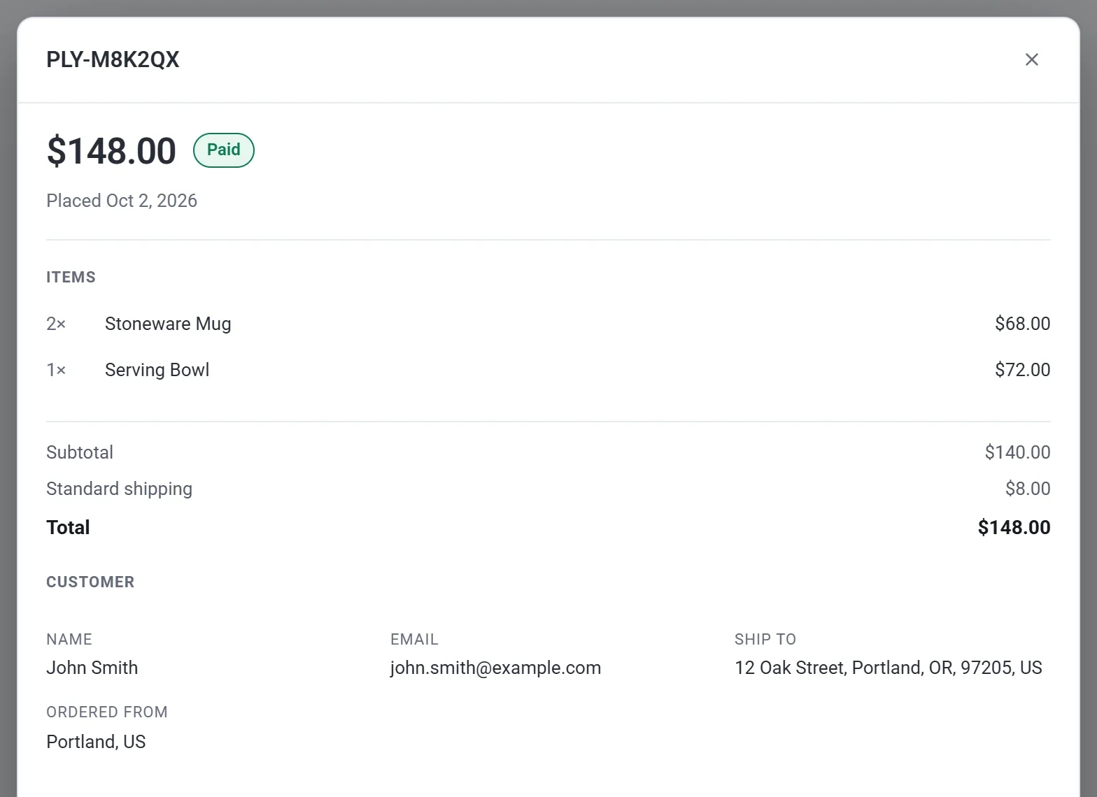 An order pop-up showing the total, a Paid status, the items, the totals and the customer's details