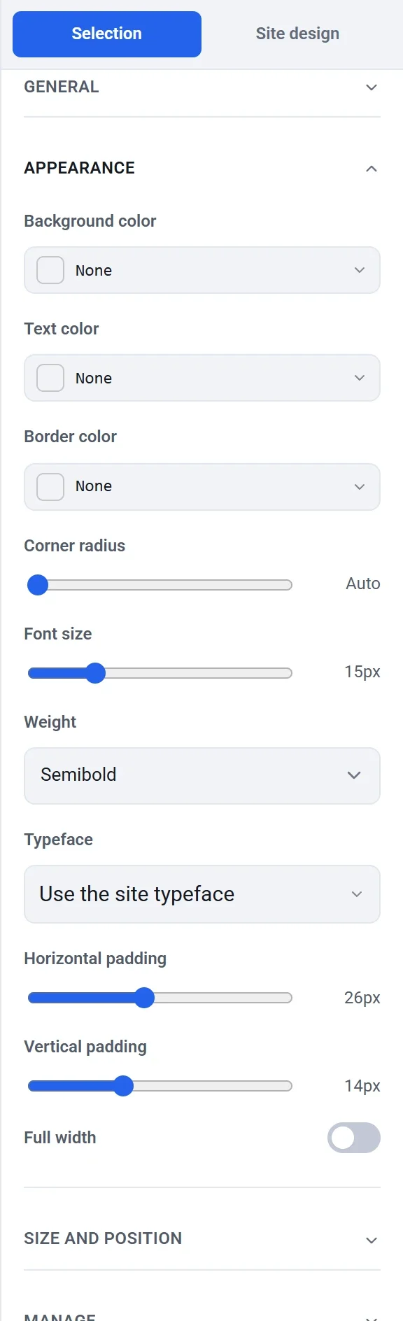 The Appearance settings of a button: colors, corner radius, font size, weight, typeface, padding and Full width