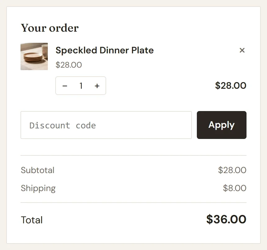 The order summary at checkout for a $28.00 order, with a Shipping line of $8.00 and a total of $36.00