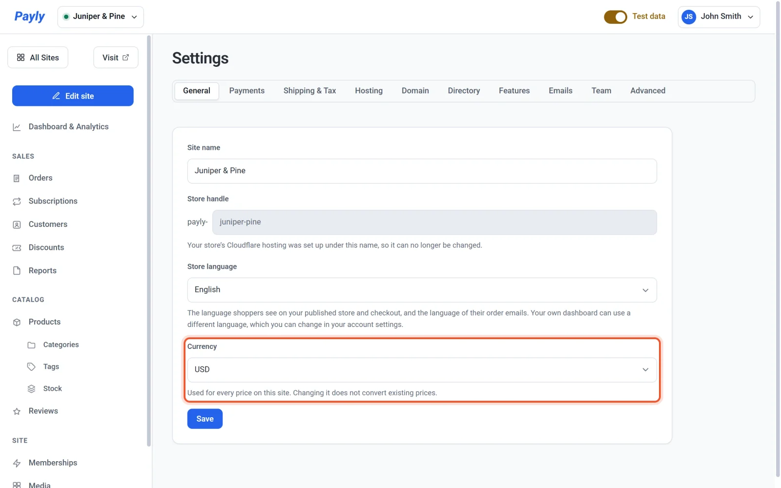 The General tab of Settings, with the Currency field set to USD and highlighted