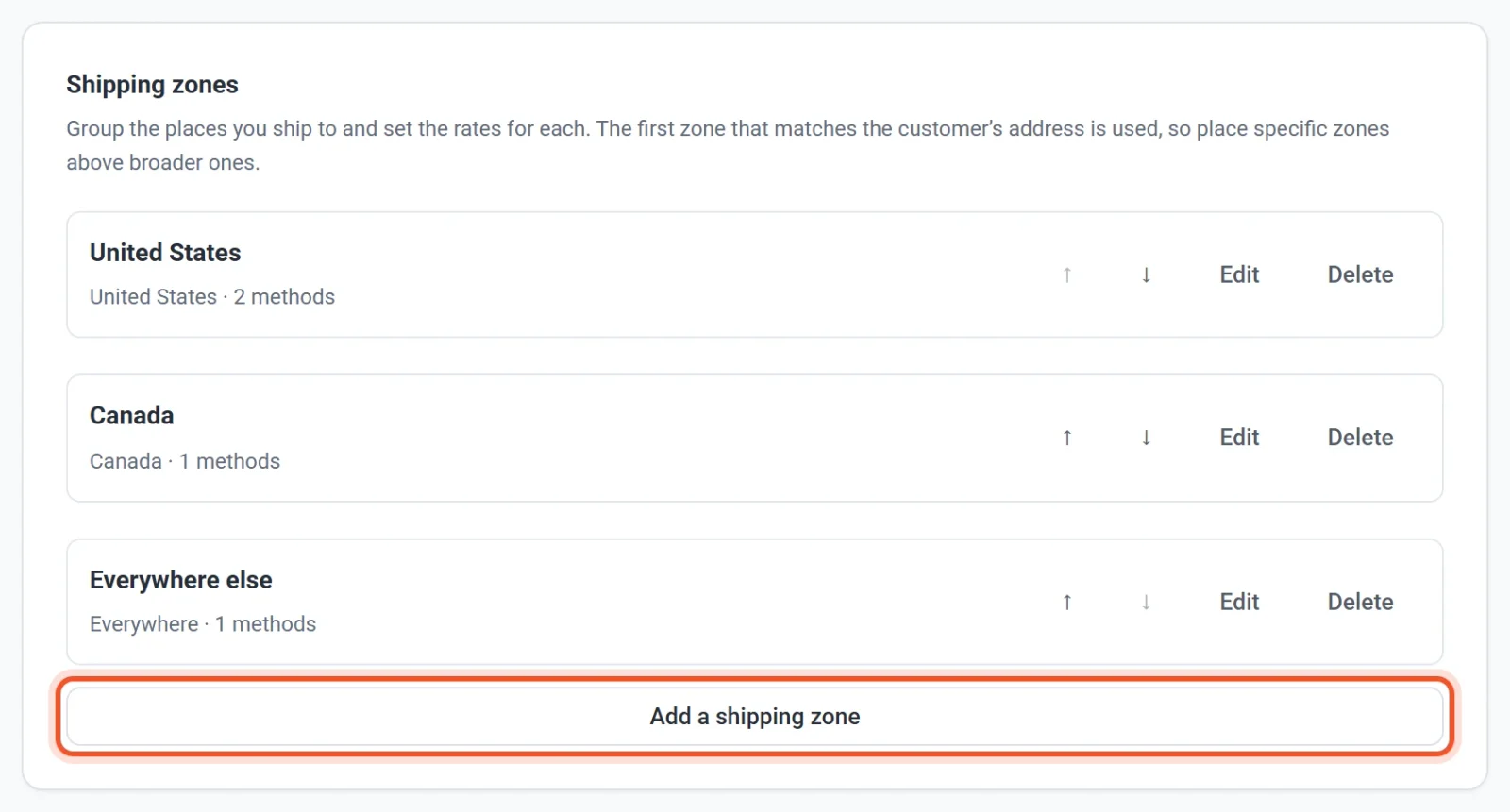 The Shipping zones card in Settings, Shipping & Tax, listing United States, Canada and Everywhere else, with the Add a shipping zone button highlighted