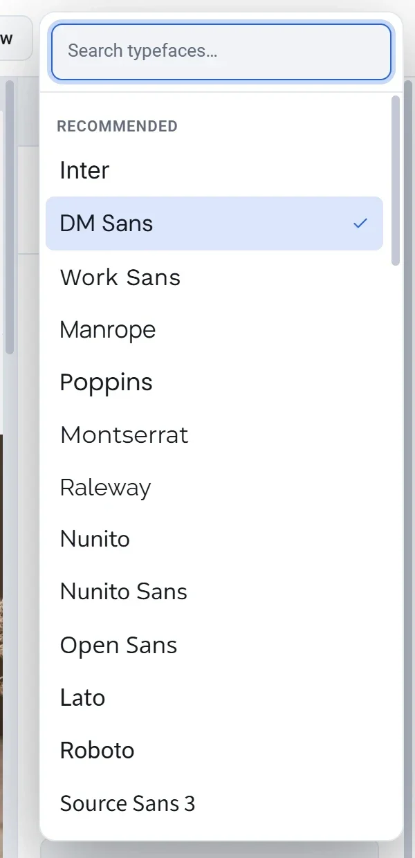 The typeface list with a search box and the Recommended group: Inter, DM Sans, Work Sans, Manrope and more