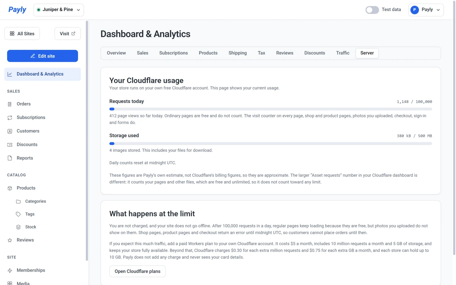 The Server tab, with the Your Cloudflare usage card above the What happens at the limit card