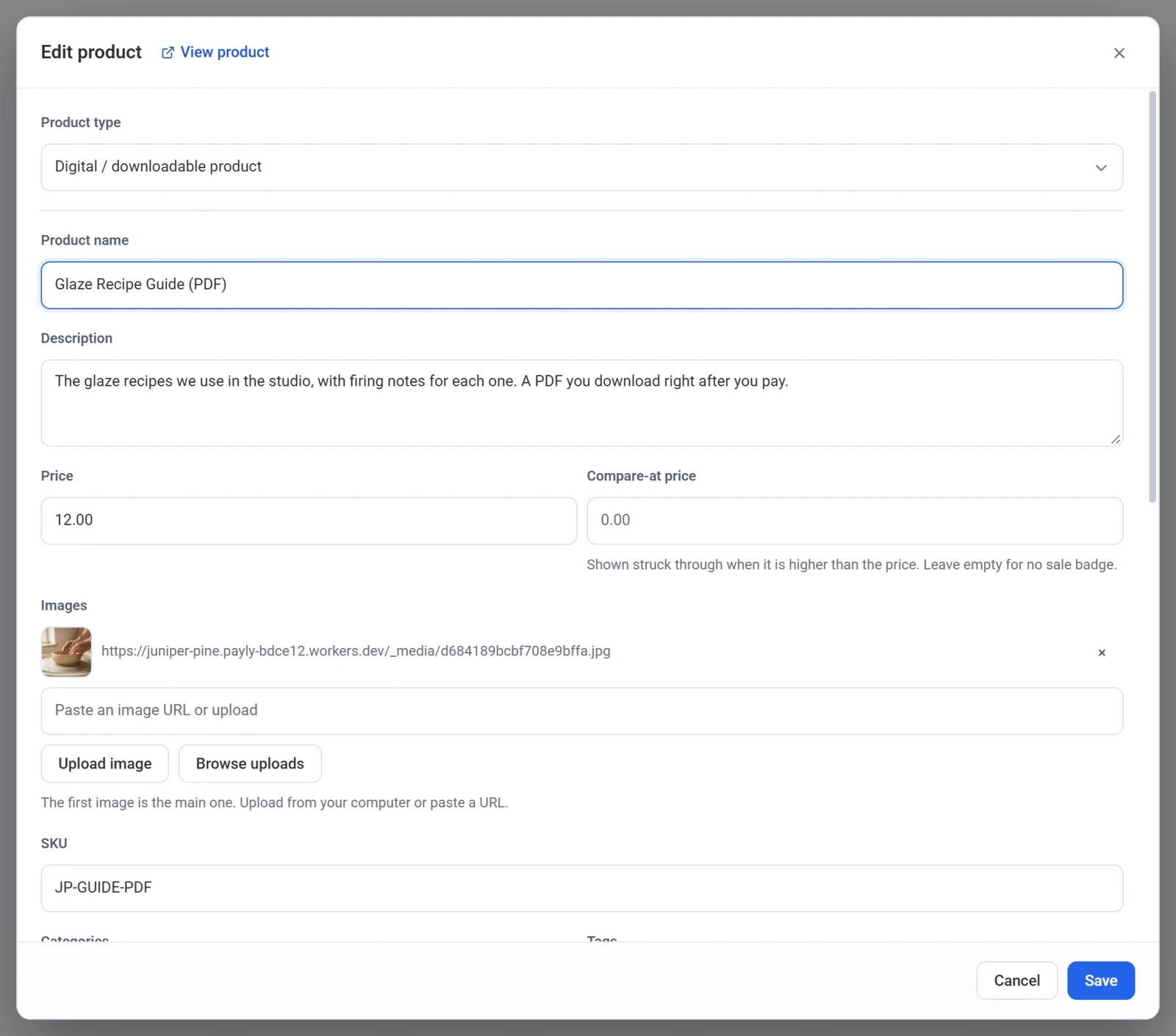 The Edit product dialog for the Glaze Recipe Guide, with Product type set to Digital / downloadable product
