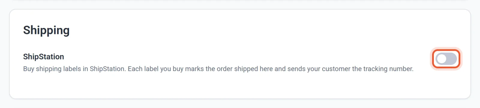The Shipping card on the Integrations screen, with the switch for ShipStation