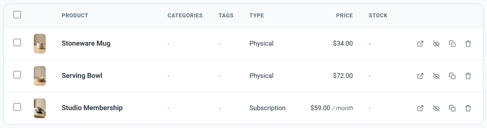 The Products list, with Studio Membership shown as a Subscription at $59.00 per month