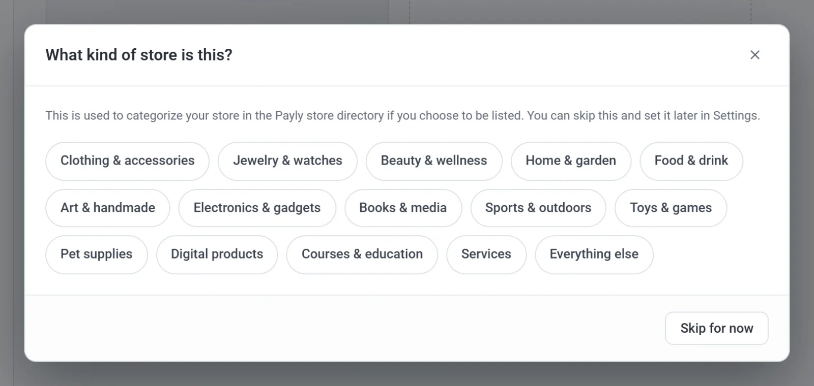 The What kind of store is this dialog, with a list of store categories and a Skip for now button