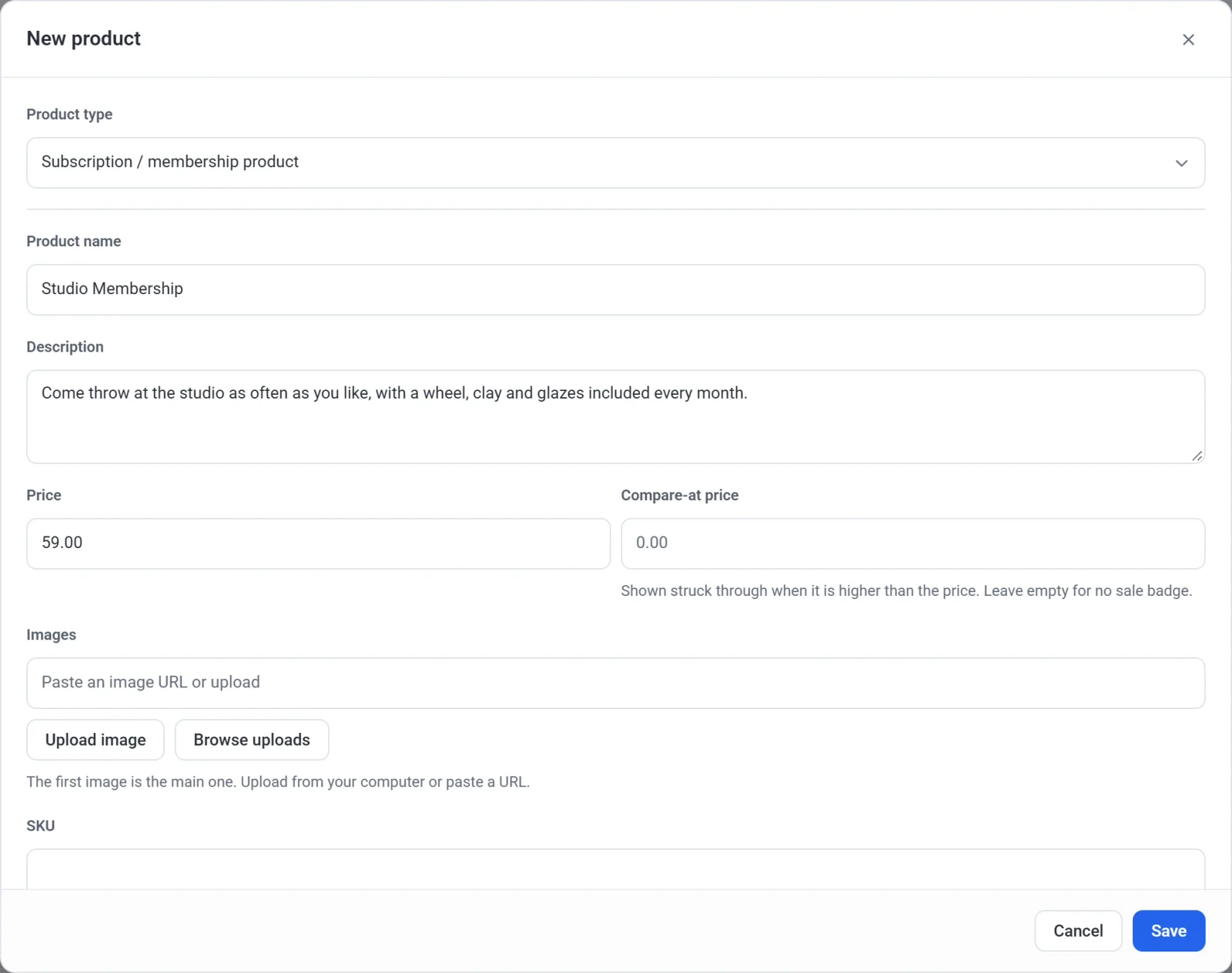 The New product dialog with the type set to Subscription / membership product, the name Studio Membership and a price of 59.00