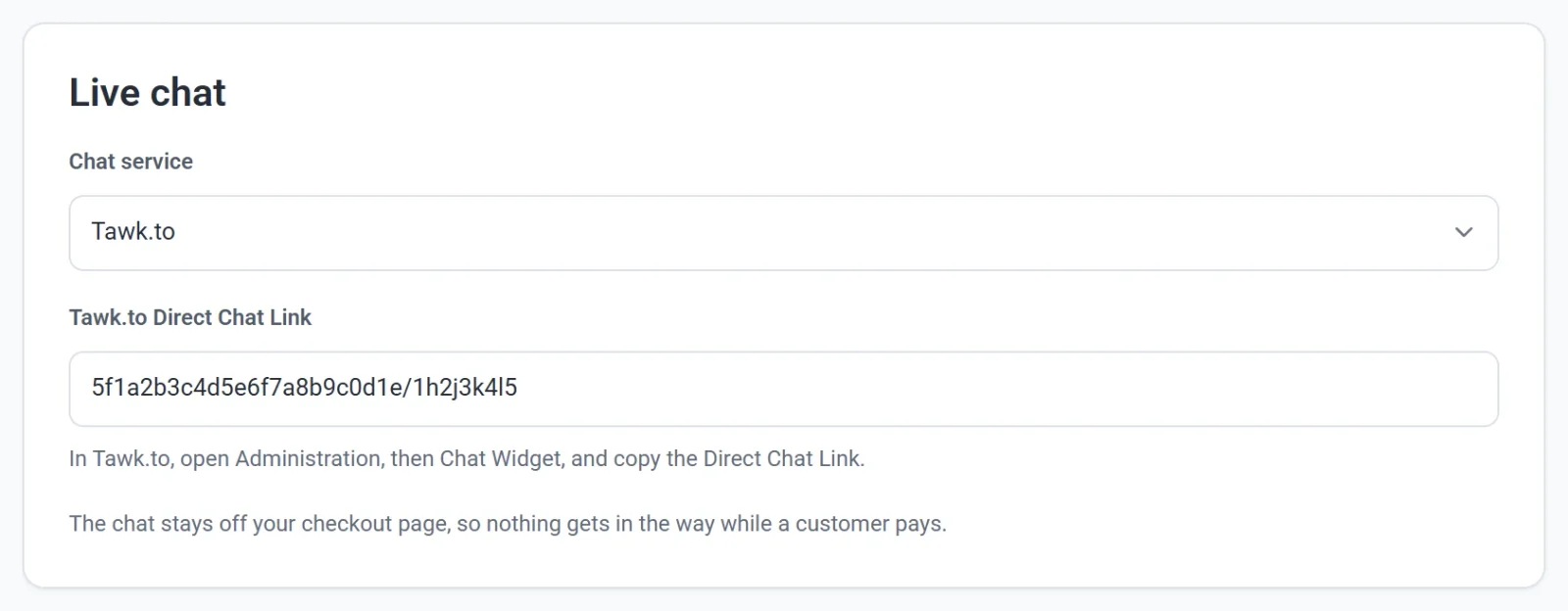The Live chat card on the Integrations screen, with Tawk.to chosen and its Direct Chat Link pasted in