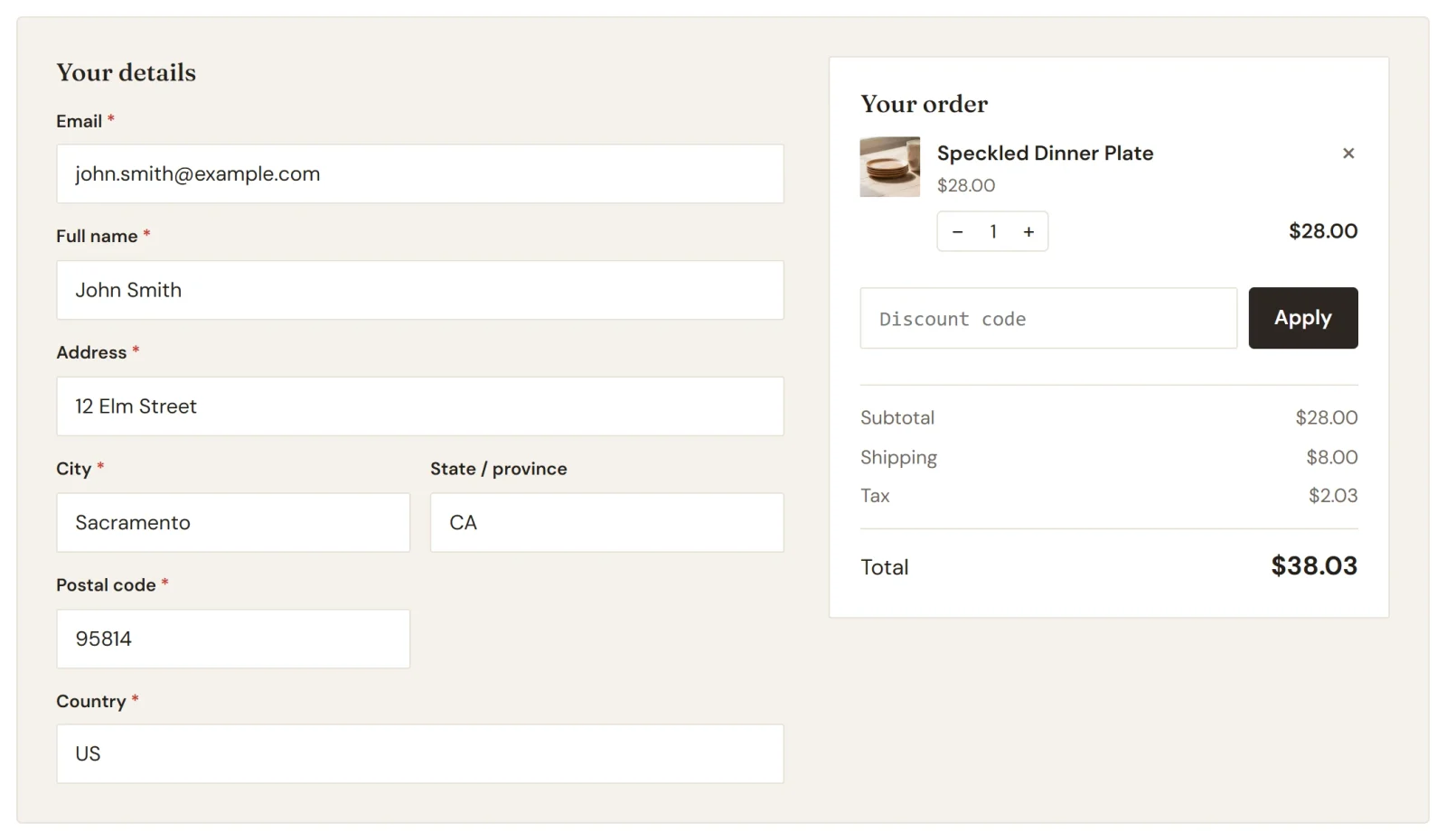 The checkout page with a California address entered, showing a subtotal of $28.00, shipping of $8.00, tax of $2.03 and a total of $38.03