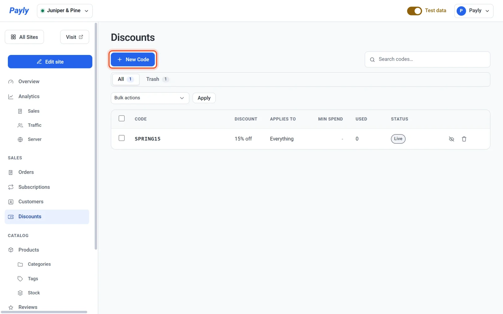 The Discounts screen with one code, SPRING15, and the New Code button highlighted