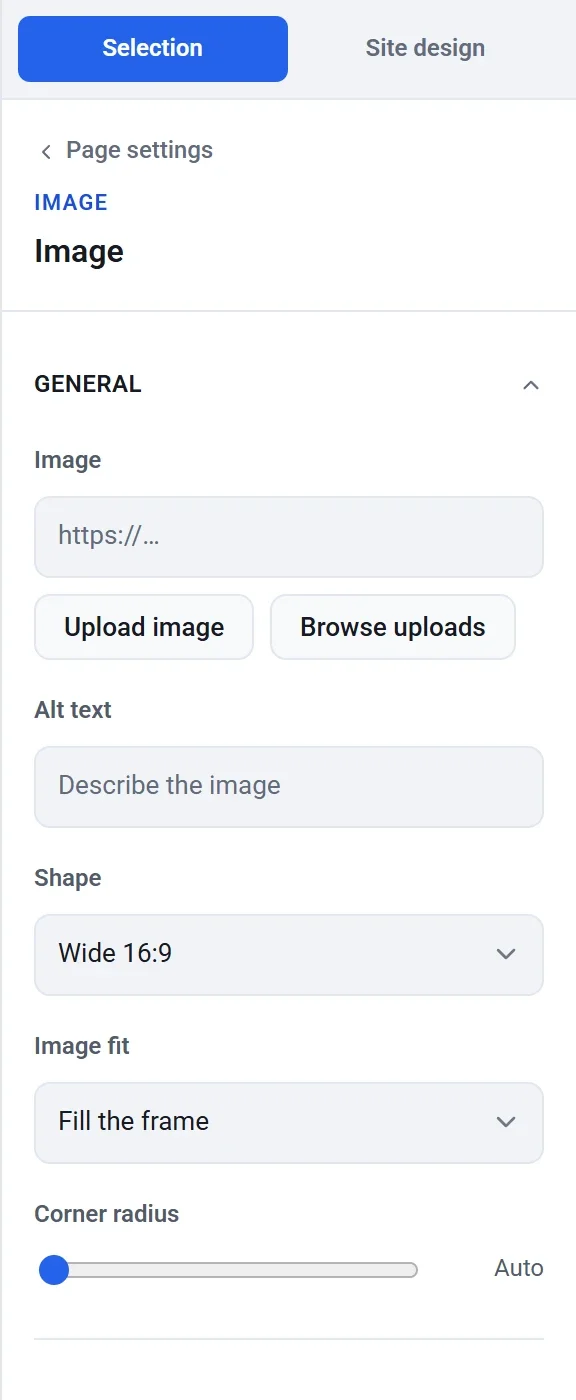 The Image block settings: an address box, the Upload image and Browse uploads buttons, Alt text, Shape, Image fit and Corner radius
