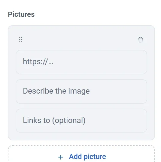 A Gallery's Pictures setting, with fields for the picture address, a description and an optional link