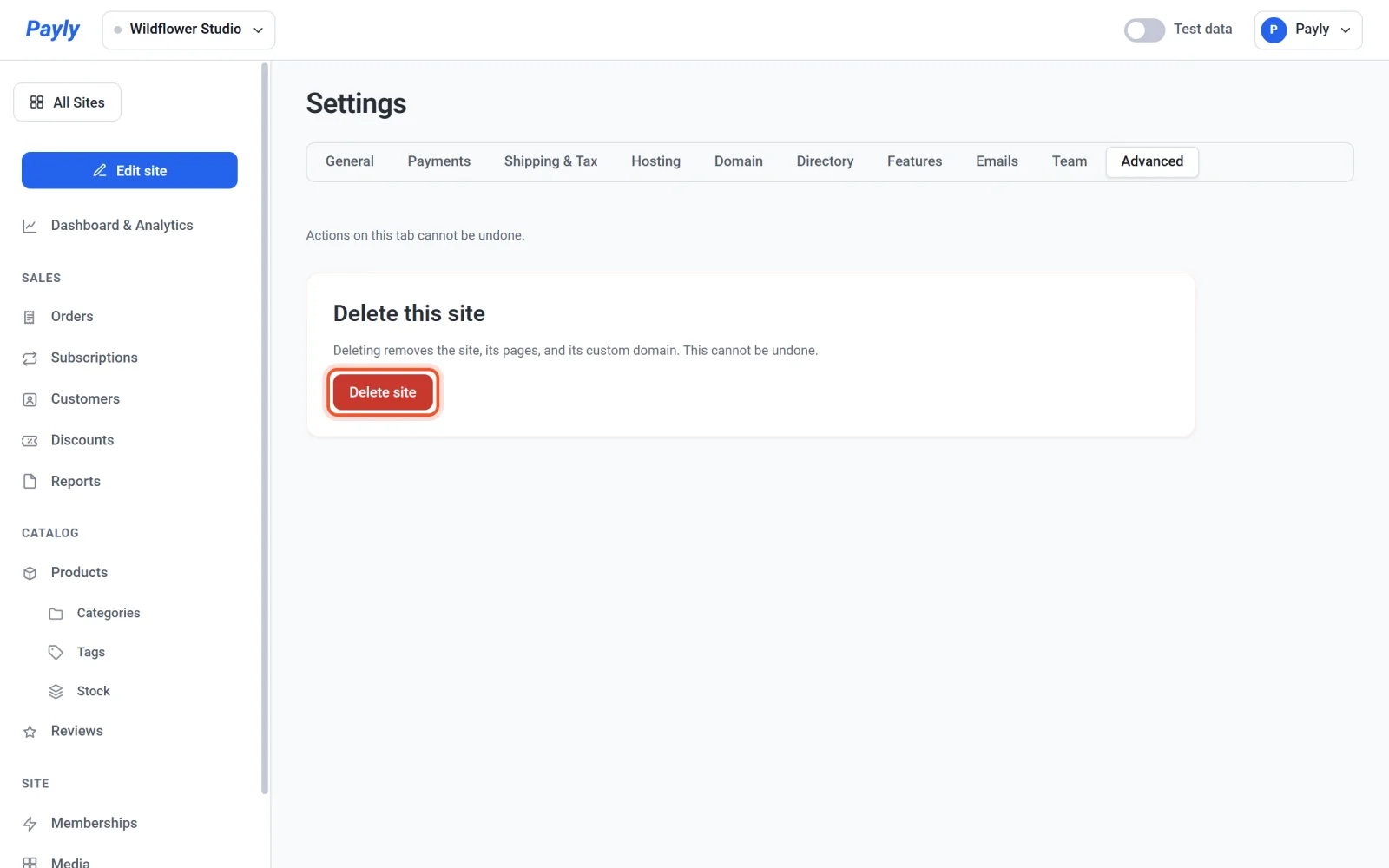 The Advanced tab of Settings, with the Delete site button highlighted under the Delete this site heading