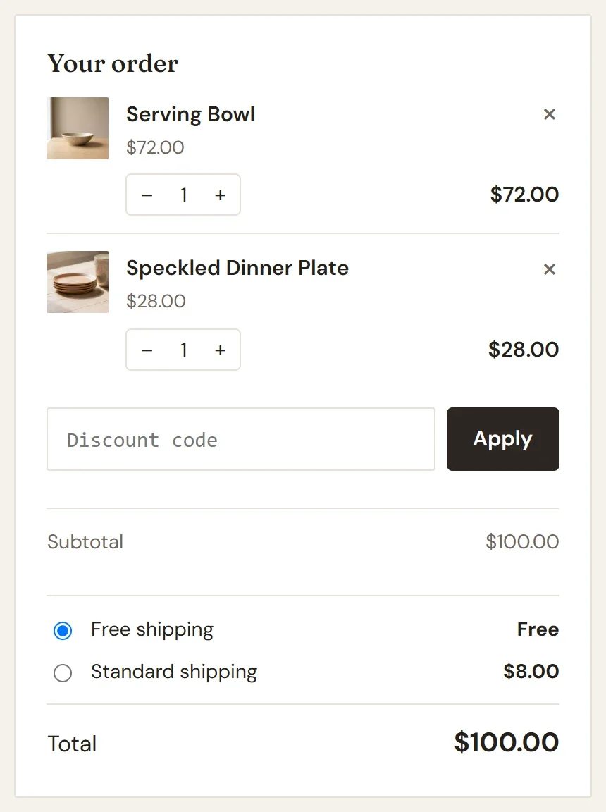 The order summary at checkout with two shipping options, Free shipping selected and Standard shipping at $8.00