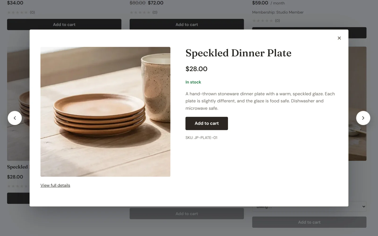 The pop-up on the Shop page for the Speckled Dinner Plate, with the photo, price, In stock note, description, Add to cart button and a View full details link